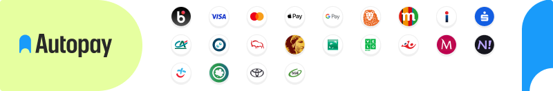 Metody płatności obsługiwane przez Autopay: BLIK, karty Visa i Mastercard, Apple Pay, Google Pay, przelewy online