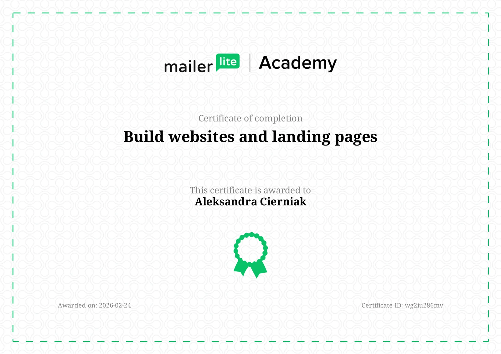 Certyfikat MailerLite Academy: Build websites and landing pages — Aleksandra Cierniak, 24.02.2026